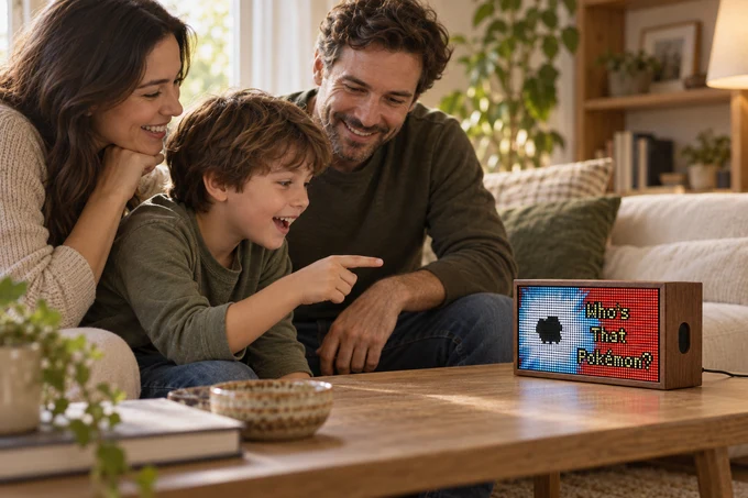 A family enjoying a personal photo on their Niblet display