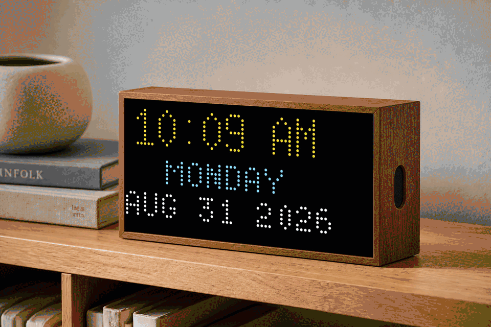 Niblet One on a wooden bookshelf cycling through clock, transit, sports, stock, and Tetris displays