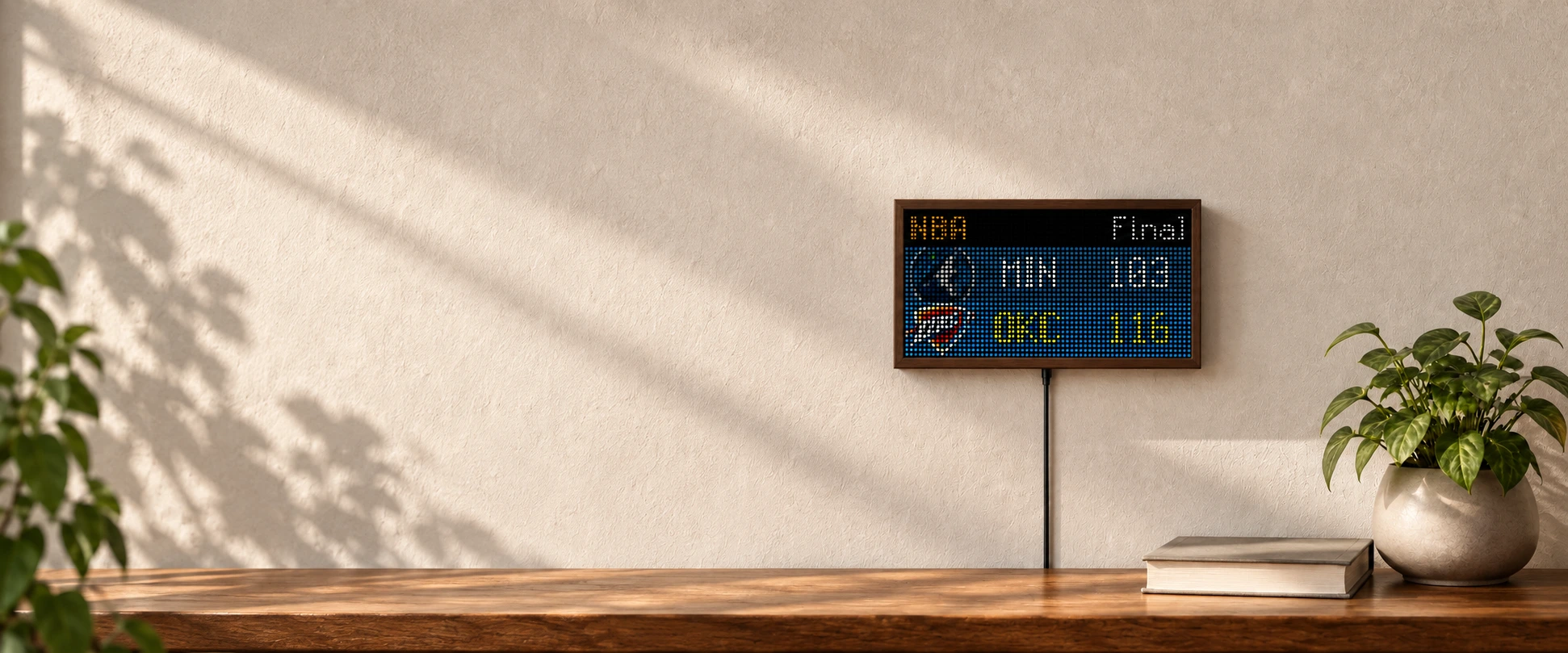 Niblet Pixel Display showing live sports scores above a wooden shelf