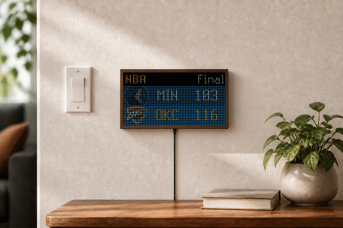 Niblet in a walnut frame, showing live updates on a wall beside books and a plant